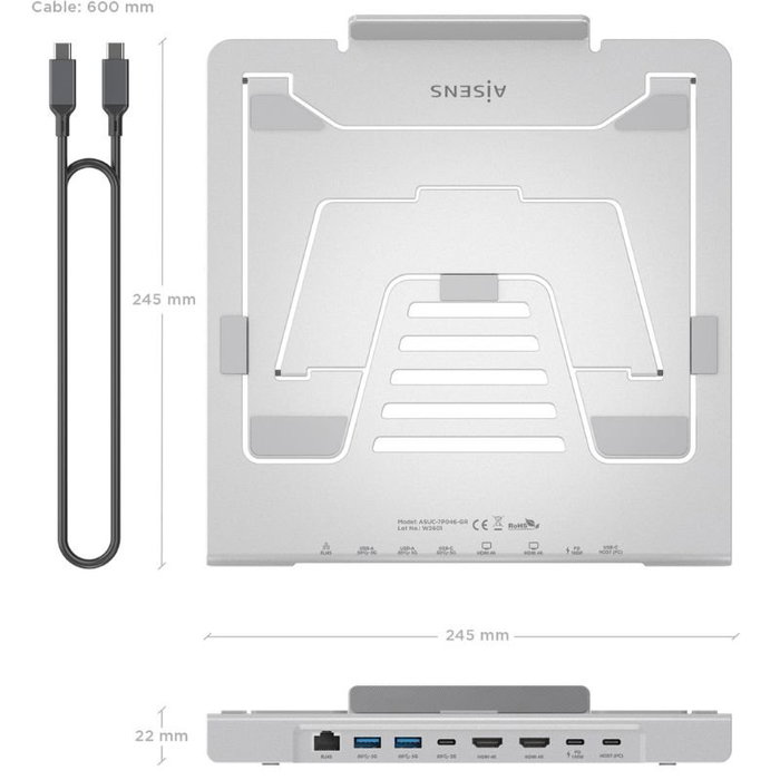 Aisens ASUC-7P046-GR Soporte Ajustable Portátil Tablet con Docking USB-C 7 en 1, 2xHDMI 4K, RJ45, 2xUSB-A, USB-C PD 100W, Gris